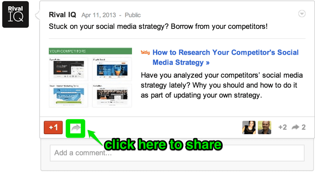Go to your company's Google+ brand page and click on the arrow botton at the bottom of a post to "reshare" it. 