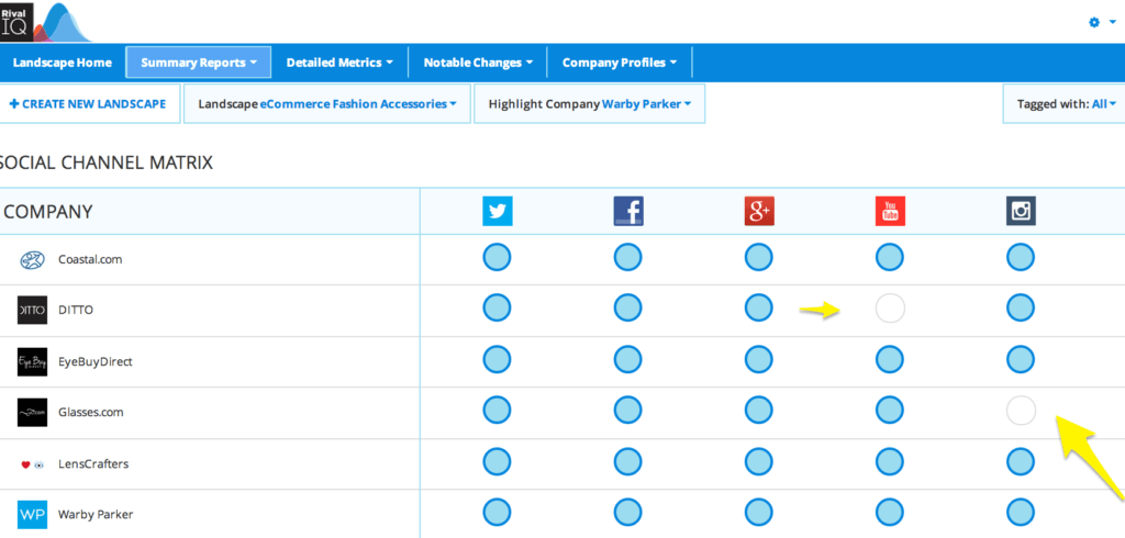 Eyeglass online retailers social media matrix