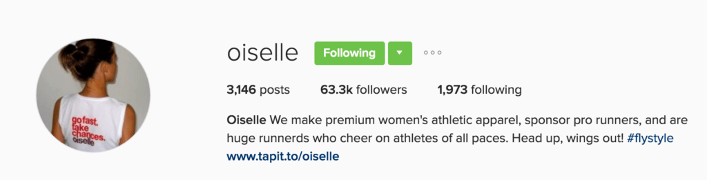 Screenshot of Oiselle's Instagram bio page