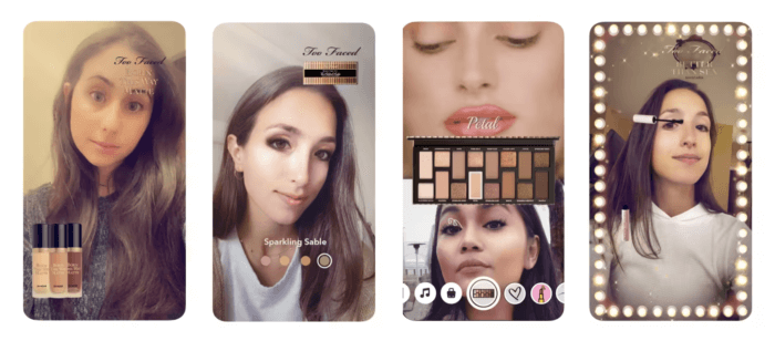 Four frames showing Snapchat filters created by Too-Faced to virtually show the effects of their makeup products, including a foundation, two eyeshadow palettes, and a mascara.