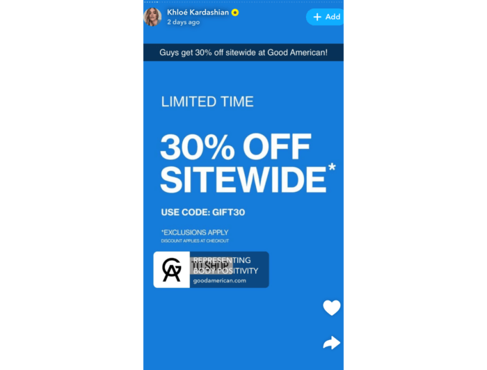 A screenshot of Khloe Kardashian's Snapchat story that features an ad for Good American's limited time 30% off sitewide sale.