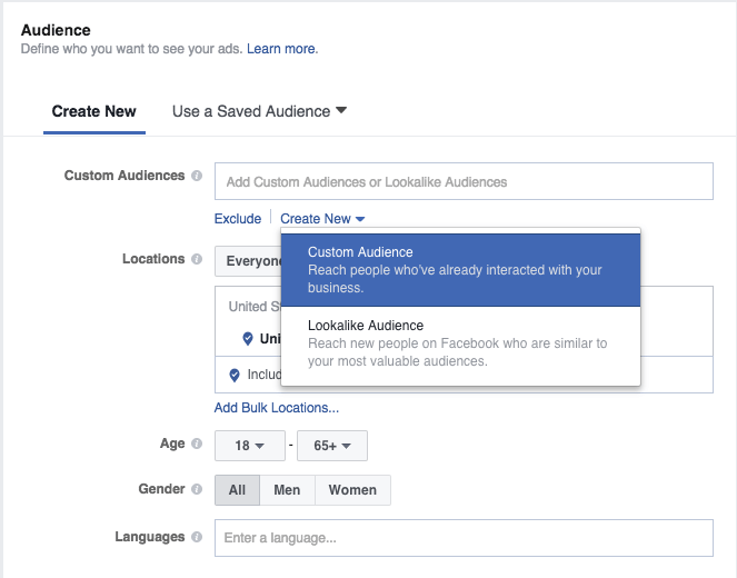 Facebook custom audience step 1: Create a new custom audience