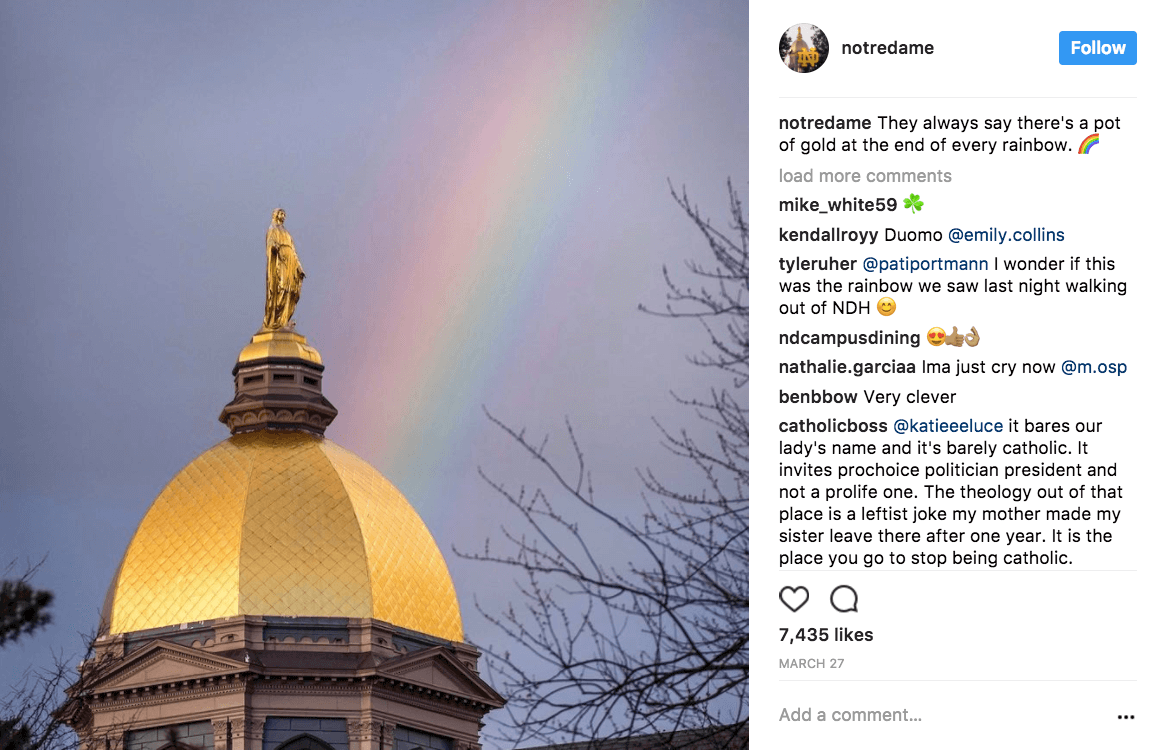 University of Notre Dame playing on their Irish history with a photo of their iconic statue of Mary, "Our Lady" atop the dome with a rainbow in the background. 