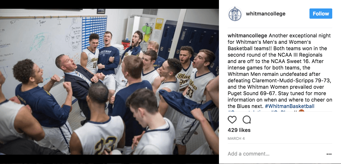 Whitman college giving their fans on social media what they want - backstage access at the 2017 NCAA Men's Basketball Tournament