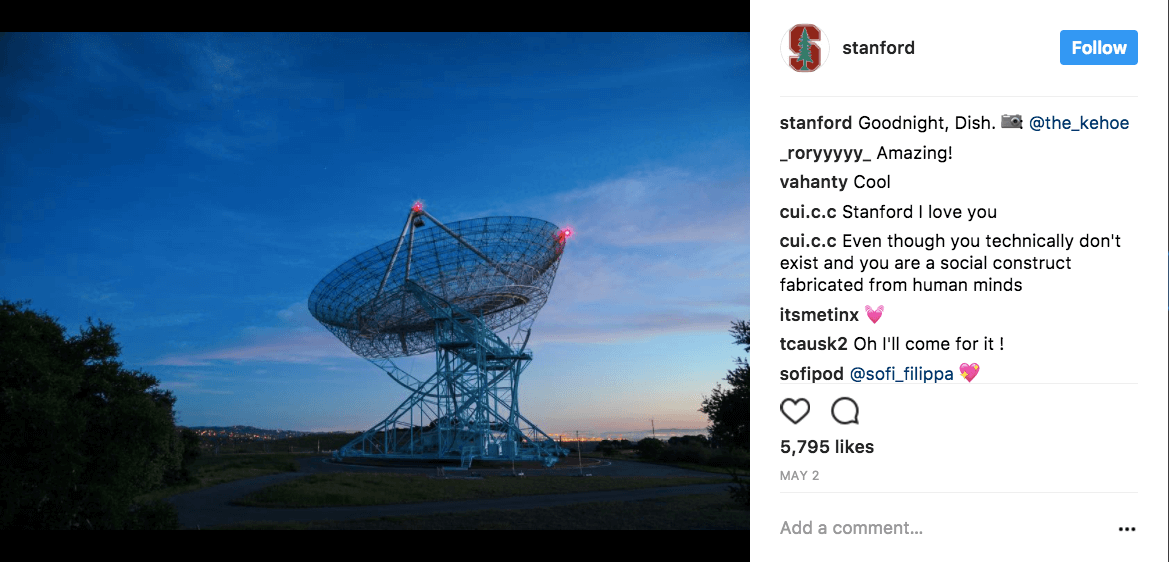 Stanford uses social media to wish goodnight to various locations on campus. The post below-wishing good night to the Dish, a radio telescope-is an example. 