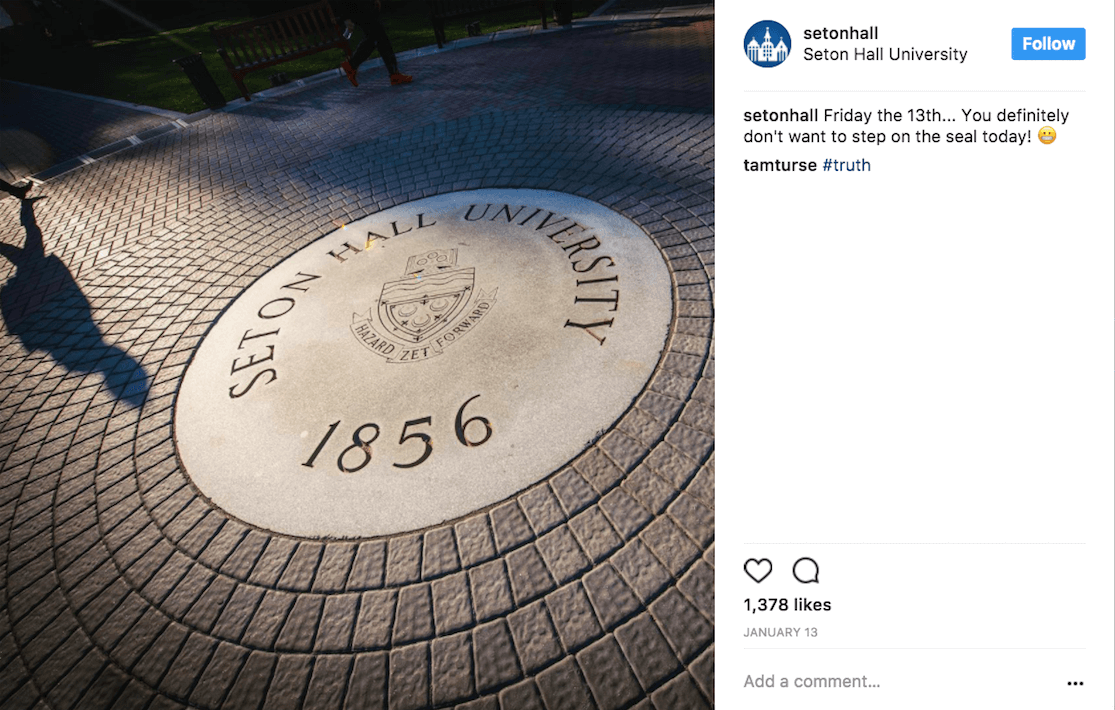 Seton Hall exemplifying showing off college and university traditions on social media