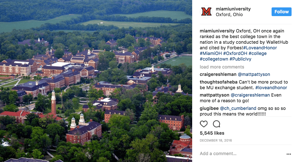 Miami University bragging about being named best college town in the nation