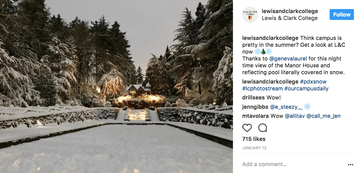 Lewis and Clark college showing off their beautiful winter campus on their Instagram account.