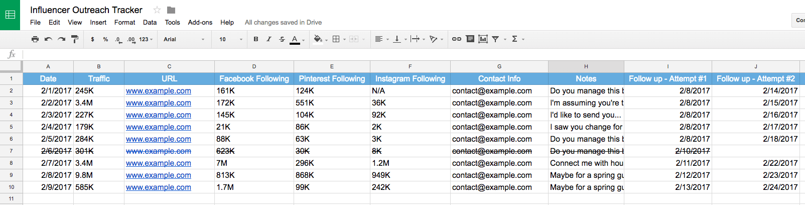 influencer list outreach tracker