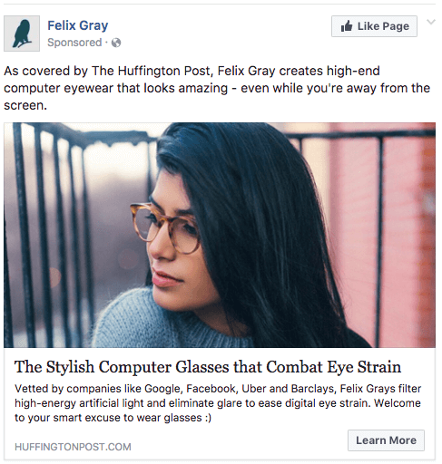 Felix Gray glasses use Facebook Ads to reach their target audience