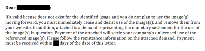 Cease and desist email for infringement of online image copyrights.