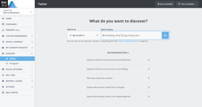 Rival IQ's Discover homepage asking about what is is that you want to discover on Twitter and Instagram.