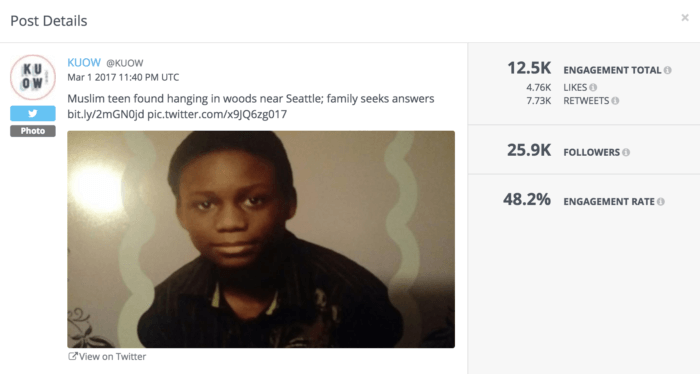 Example of a KUOW post that performed above average. This post focused on the death of a young teen. The metrics shown include engagement rate, engagement total and a breakout of those numbers.