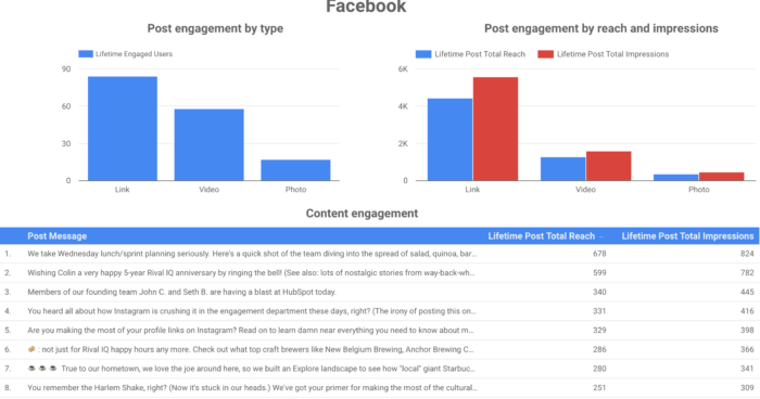 Sample social media analytics dashboard featuring bar graphs of Facebook post engagement by type and by reach/impressions.