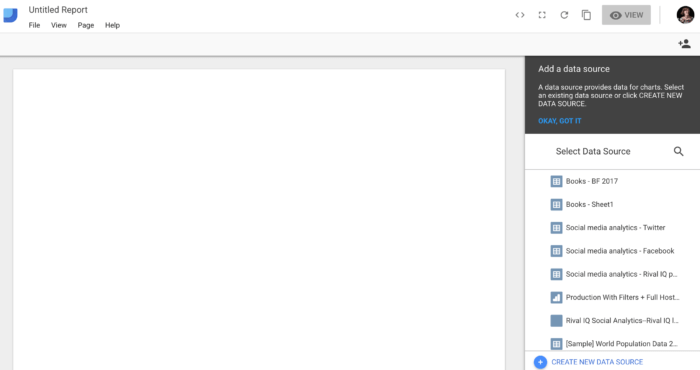 A blank dashboard in Google Data Studio