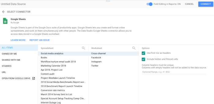 Wiring up Google Sheets in Google Data Studio