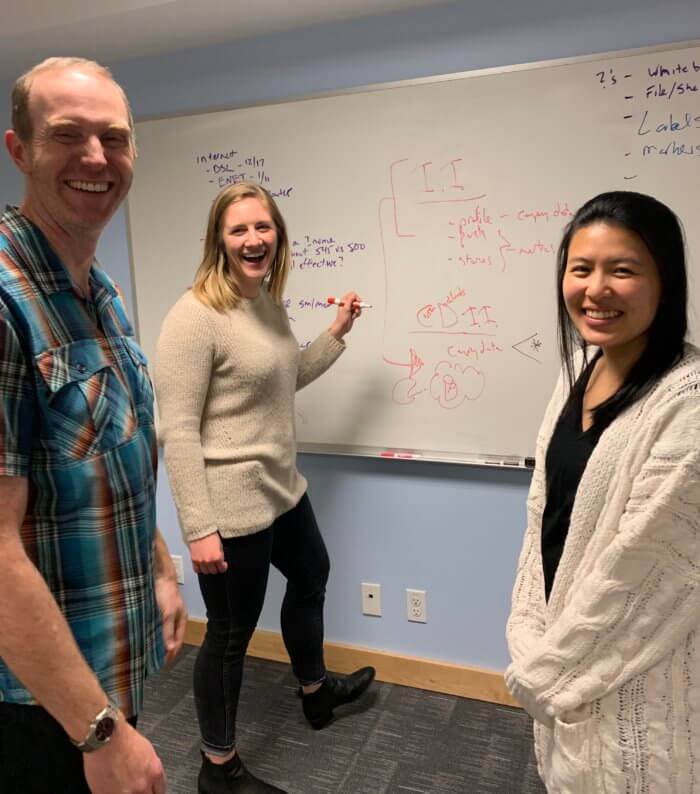 Three Rival IQ employees standing in front of a whiteboard as part of a staged job interview.