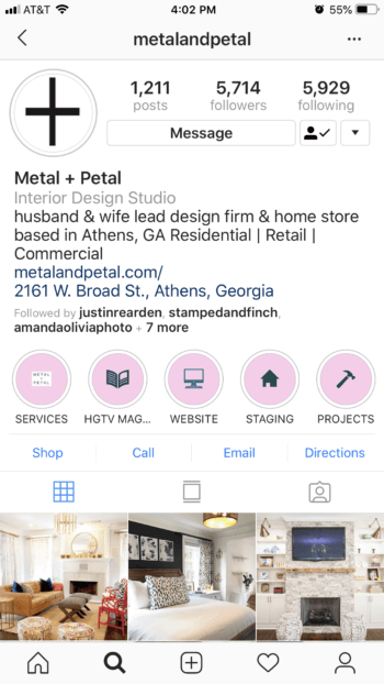 Metal+Petal's current Instagram Stories Highlights
