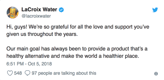 LaCroix tweet during a PR crisis thanking supporters