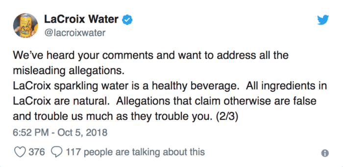 LaCroix tweet during a PR crisis addressing negative allegations