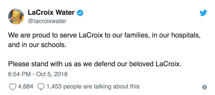 Support request tweet from LaCroix during a PR crisis