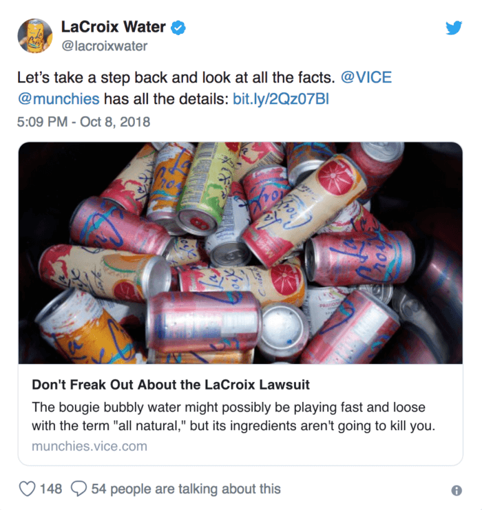 Tweet from LaCroix pointing supporters to a Vice article during a recent PR crisis