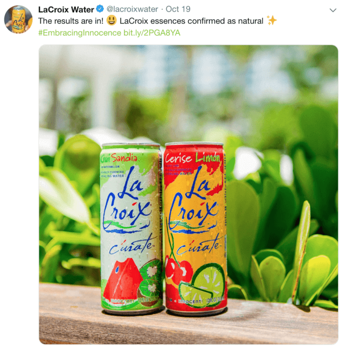 Tweet from LaCroix featuring two cans of LaCroix against grass