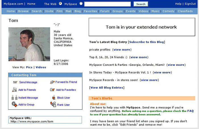 Tom's sample MySpace profile–never miss out on your MySpace analytics again