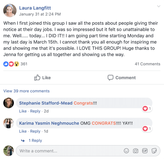 A recent post from the founder of the Goal Digger Podcast insider Facebook group