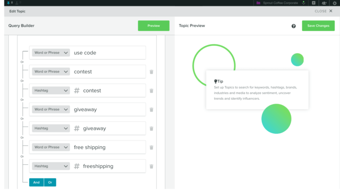 Sprout Social's social media listening tool features a boolean-based query builder