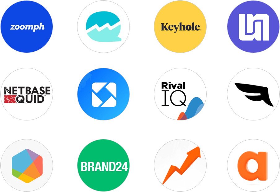 Social Media Analytics Tool logos including Agorapulse Brand24 BrandWatch Falcon.io Iconosquare Keyhole Netbase Quintly Rival IQ SoTrender UnMetric Zoomph 