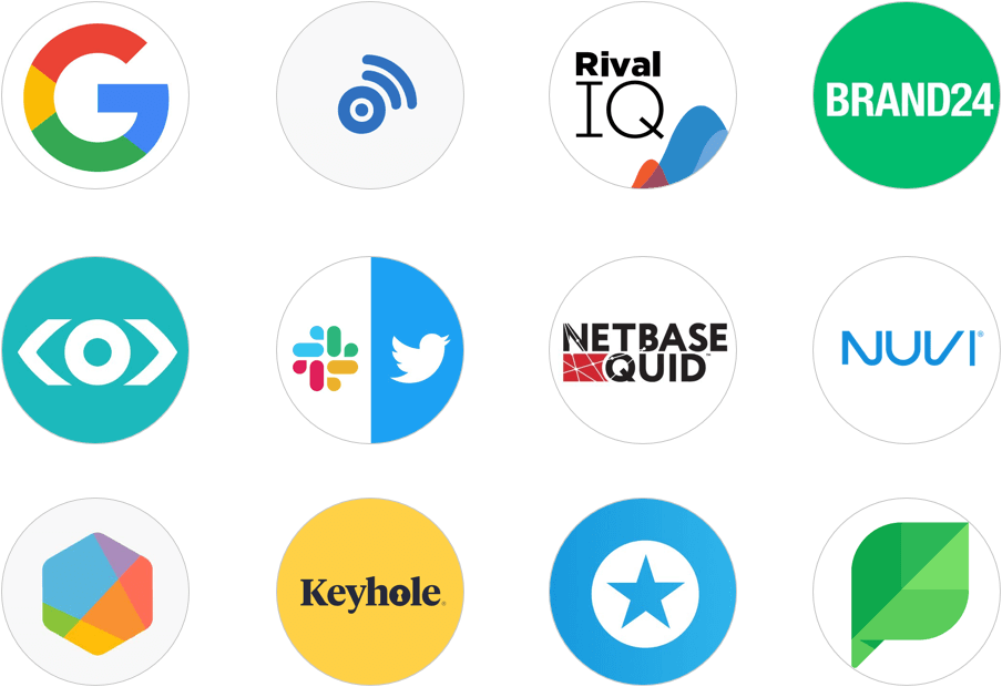 social media listening tools logos Brand24 BrandWatch BuzzSumo Google Alerts Keyhole Meltwater Mention Nuvi Rival IQ Slack+Twitter Sprinklr Sprout Social