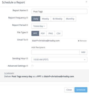 All the options you can toggle for a custom scheduled report featuring post tagging