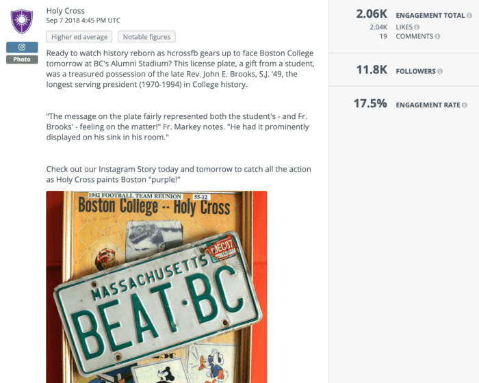 Holy Cross' higher ed social media post features a license plate that reads "BEAT BC"