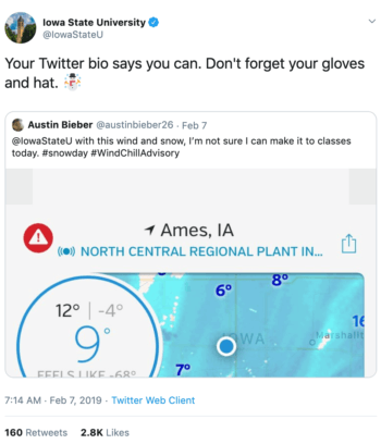 Iowa State's higher ed social media Twitter response to one of their followers about the weather.