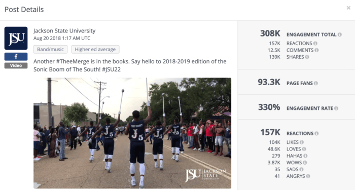 Facebook post rom Jackson State University featuring their Sonic Boom marching band.