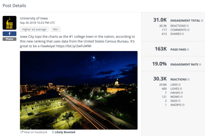 University of Iowa's higher ed social media post about being named the #1 college town in the nation.