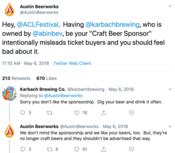 Tweet from Austin Beerworks calling out Austin City Limits for their sponsorship tiers