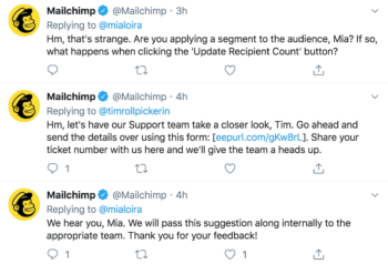 B2B brand Mailchimp replying to customer inquiries and frustrations on Twitter