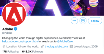 B2B brand Adobe's twitter bio contains a link to @Adobecare pictured here