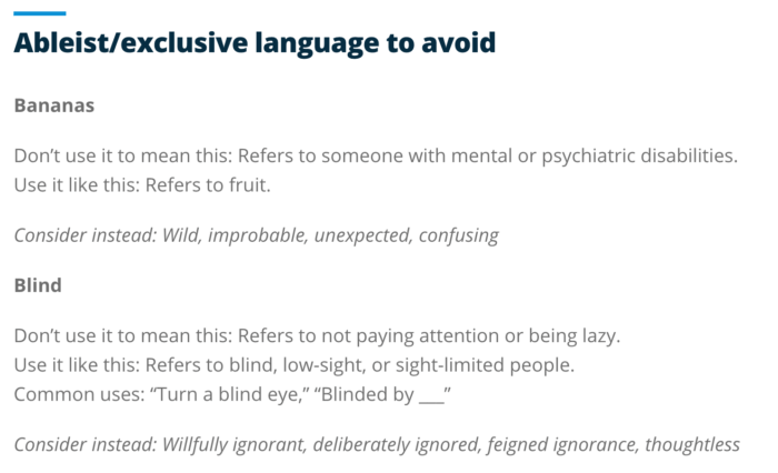 Examples of ableist/exclusive language to avoid, including "bananas" and "blind"