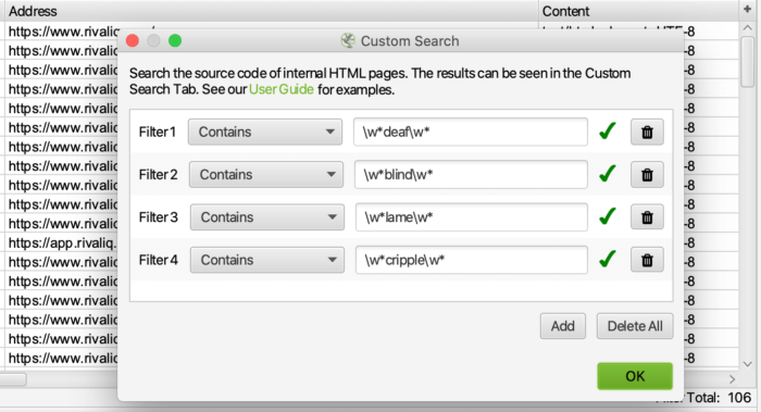 Sample inclusive language audit custom search query in Screaming Frog