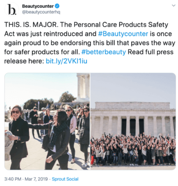 Activism tweet from Beautycounter about the Personal Care Products Safety Act.