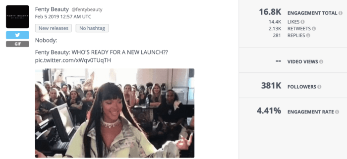 Fenty Beauty Twitter post featuring a Rihanna GIF.