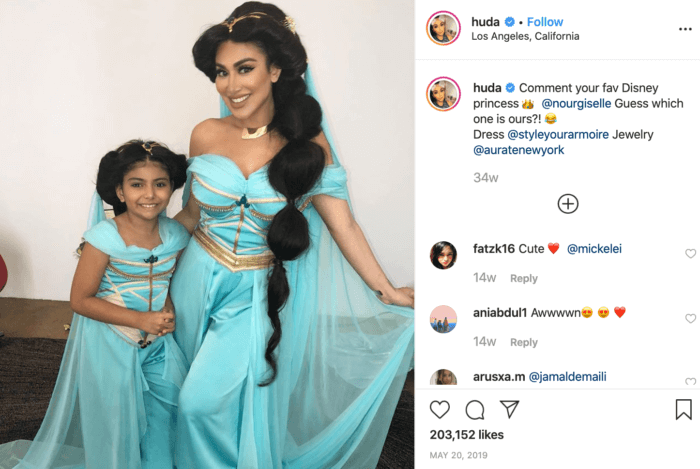 Instagram post of Huda and her daughter dressed as Jasmine from Aladdin