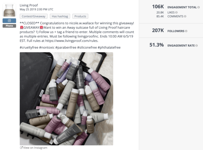 Instagram contest from Living Proof with a 51% engagement rate.