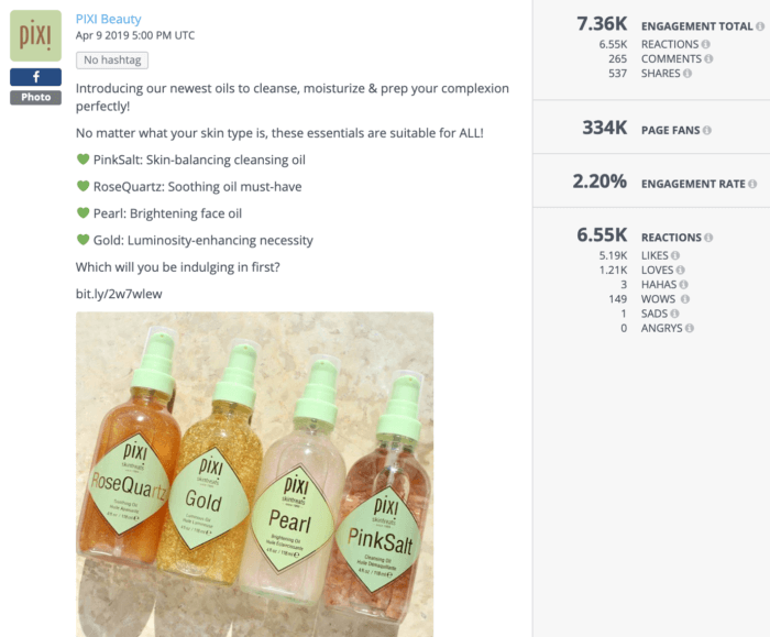 PIXI Beauty saw a 2.2% engagement rate on this shimmering post about their face oils.