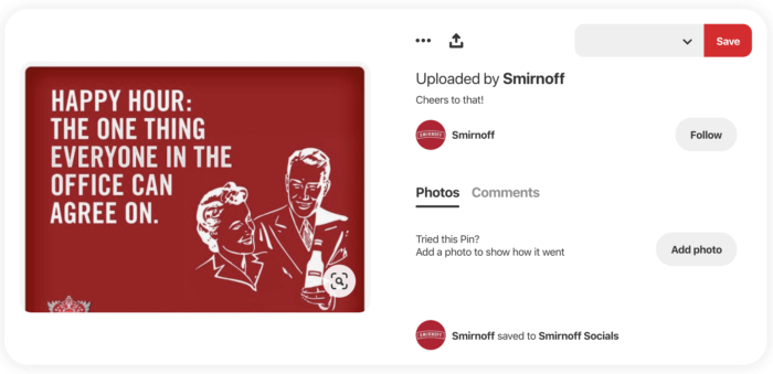 Pin from Smirnoff featuring a meme that reads "Happy hour: the one thing everyone in the office can agree on"