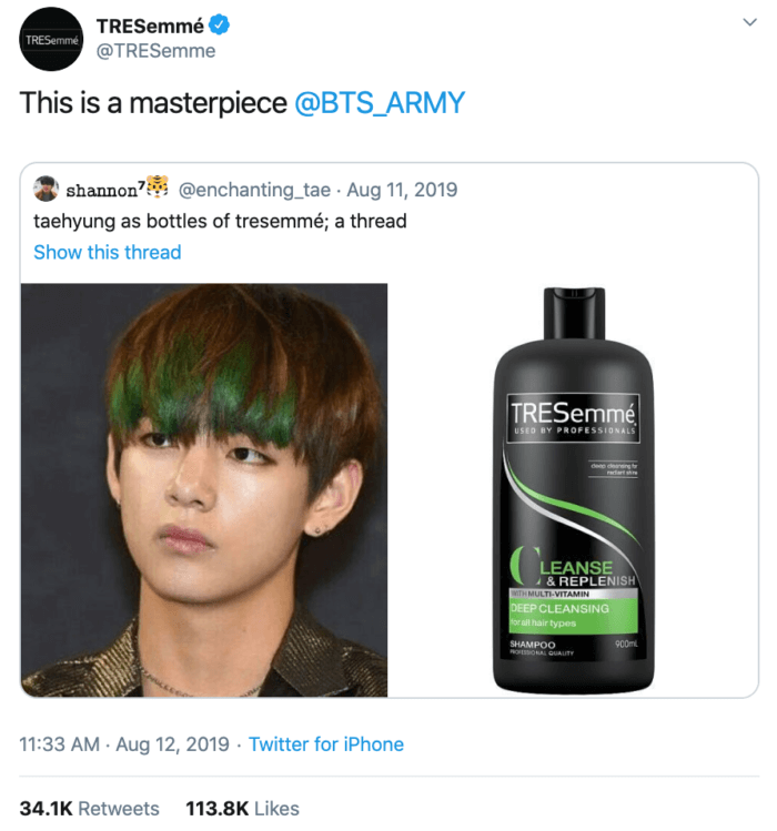 Photo of a bottle of TRESemmé next to a member of BTS.