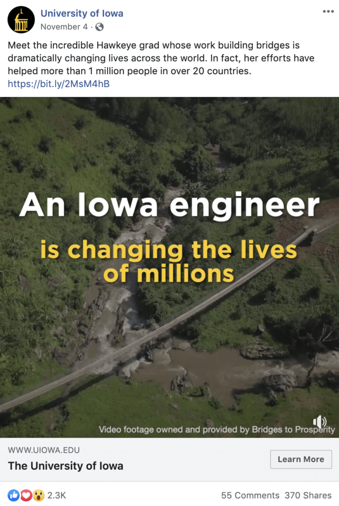 Facebook post from University of Iowa featuring graduates doing good in the world to help with college recruiting